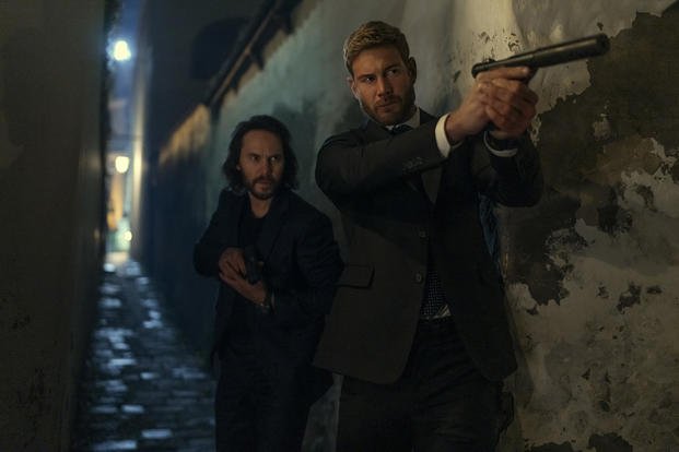 Ben Edwards (Taylor Kitsch) and Raife Hastings (Tom Hopper) are shown during a scene from 'The Terminal List: Dark Wolf."