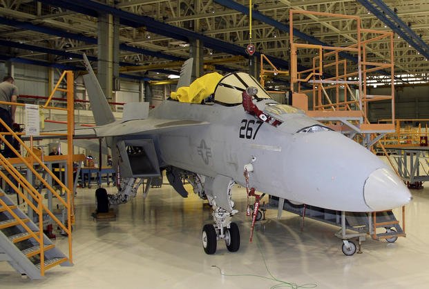 F/A-18 Super Hornet undergoes maintenance at Boeing's facility in St. Louis