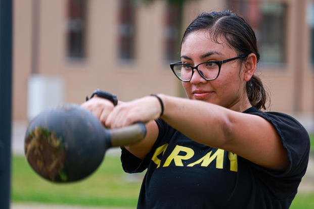 U.S. Army Sgt. Zarinadel Diazinga conducts kettlebell swings during SETAF-AF’s sergeant’s time circuit training at Caserma Del Din, Vicenza, Italy.
