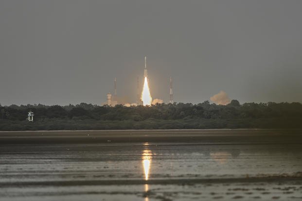 The NISAR satellite, a joint mission by NASA and ISRO, lifts off aboard a GSLV-F16 rocket