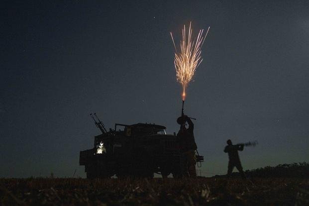 Ukrainian soldiers from air-defence unit of 59th brigade fire at Russian strike drones in Dnipropetrovsk region, Ukraine