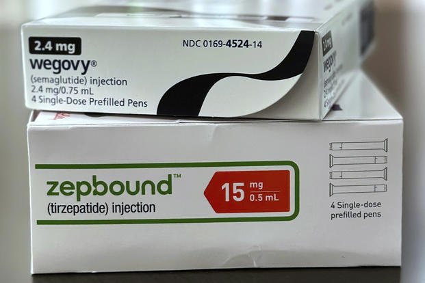 Boxes of the medications Wegovy and Zepbound 