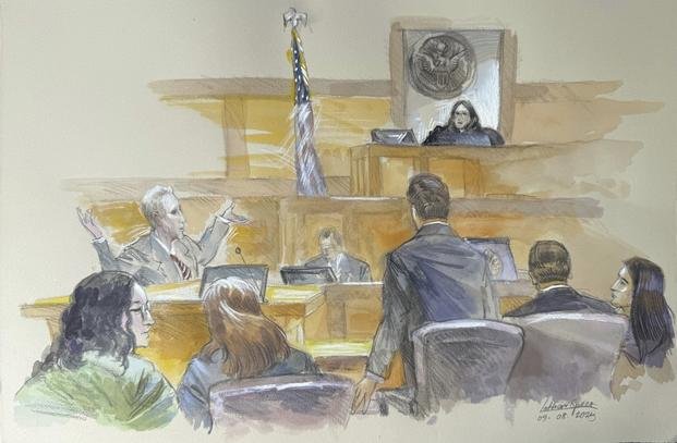 Courtroom sketch shows Ryan Routh throwing his arms up 