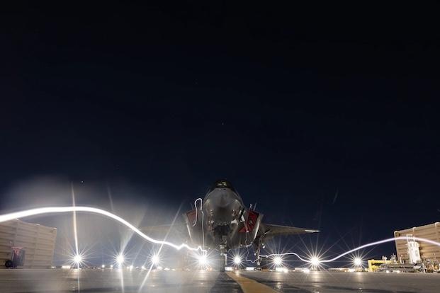 A U.S. Marine Corps F-35B Lightning II with Marine Operational Test and Evaluation Squadron (VMX) 1 is parked near VMX-1’s area of operation during Black Flag at Nellis Air Force Base, Nevada, May 7, 2025. (U.S. Marine Corps photo illustration by Lance Cpl. Christian Radosti)