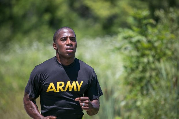 U.S. Army Sgt. 1st Class Joaquin Spikes approaches the finish line during the Army physical fitness test portion of the 2017 Army Materiel Command's Best Warrior Competition at Camp Atterbury, Indiana.