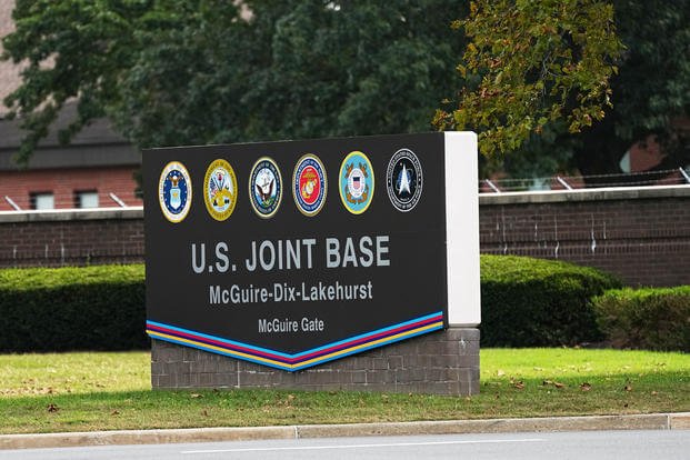 A sign for U.S. Joint Base McGuire-Dix-Lakehurst in New Jersey