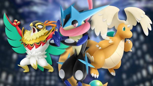 A collage of three Mega Evolutions that were added in Pokemon Legends Z-A: Mega Hawlucha, Mega Greninja and Mega Dragonite.