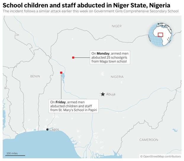 Shows the location of two attacks and abductions from schools in Nigeria over the past week.