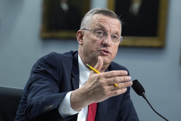 Secretary of Veterans Affairs Doug Collins testifies during the House Committee on Appropriations subcommittee budget hearing on Capitol Hill, Thursday, May 15, 2025, in Washington. (AP Photo/Yuri Gripas)