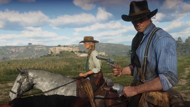 Arthur and Sadie riding their horses together - Red Dead Redemption 2