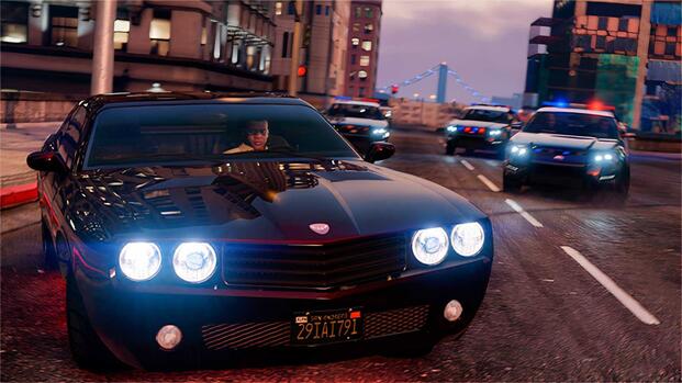 Franklin driving a car away from the police in Grand Theft Auto 5
