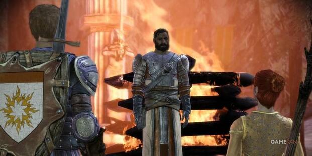 Alistair and Dalish Warden receive instructions from Duncan at the Grey Warden campfire at Ostagar