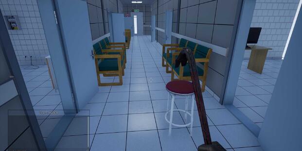 Prop Hunt player with crowbar inspecting corridor of chairs