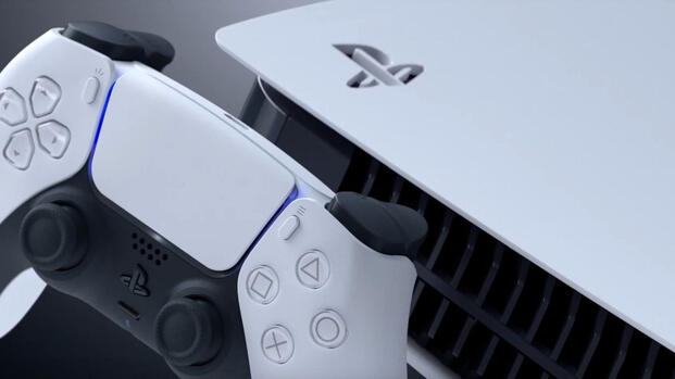 ps5 dualsense controller next to console logo