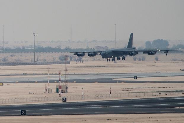 A B-52 Stratofortress touches down at Al Udeid Air Base, Qatar, April 9, 2016. (Photo by Corey Hook/U.S. Air Force)