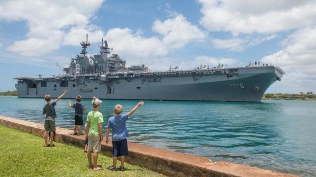 USS America (LHA 6) arrives June 30, 2016, at Joint Base Pearl Harbor-Hickam for Rim of the Pacific exercise. (Photo by John Herman/U.S. Navy)
