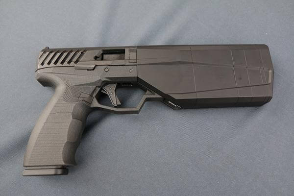 SilencerCo turned heads at SHOT Show in Las Vegas on Jan. 18, 2016, with its latest prototype of the Maxim 9, an integrally suppressed 9mm handgun available for sale later this year. (Photo by Brendan McGarry/Military.com)
