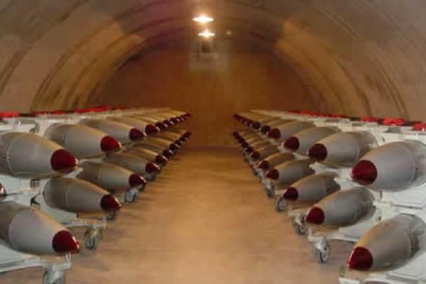 Approximately 50 B61 nuclear bombs inside an igloo at what might be Nellis Air Force Base in Nevada. (Photo courtesy Federation of American Scientists)