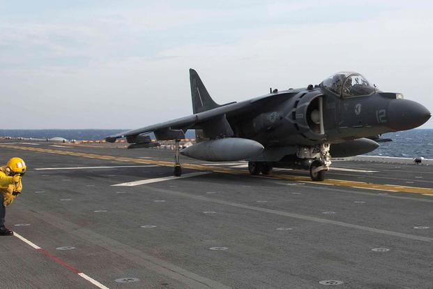 An AV-8B Harrier takes off from the flight deck of the amphibious assault ship USS Kearsarge in January 2015. Cpl. J.R. Heins/Marine Corps