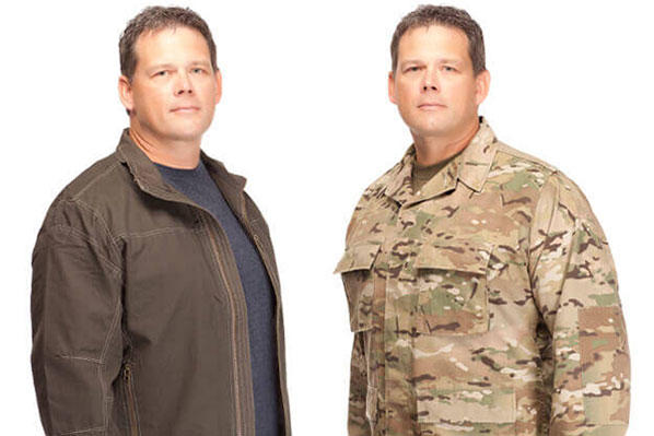 Man transitioning out of military in both civilian clothing and a military uniform