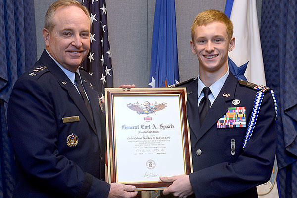 Air Force Chief of Staff Gen. Mark A. Welsh III presents Civil Air Patrol Cadet Matthew C. Jackson the General Carl A. Spaatz Award at the Pentagon, Nov. 9, 2015. (U.S. Air Force/Scott M. Ash)