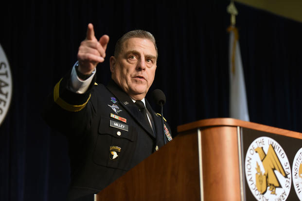 Army Gen. Mark Milley addresses the Congressional Staff Breakfast attended by about 300 military legislative assistants at the 2016 AUSA Annual Meeting, Washington, D.C., Oct. 4, 2016. (U.S. Army National Guard photo/Sgt. 1st Class Jim Greenhill)