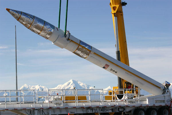 A ground-based missile interceptor is lowered into its missile silo during a recent emplacement at the Missile Defense Complex at Fort Greely, Alaska.