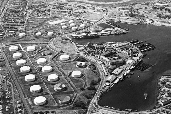 Aerial view of the Pearl Harbor submarine base (right center) with the fuel farm at left, looking south on 13 October 1941. (Photo: US Navy)