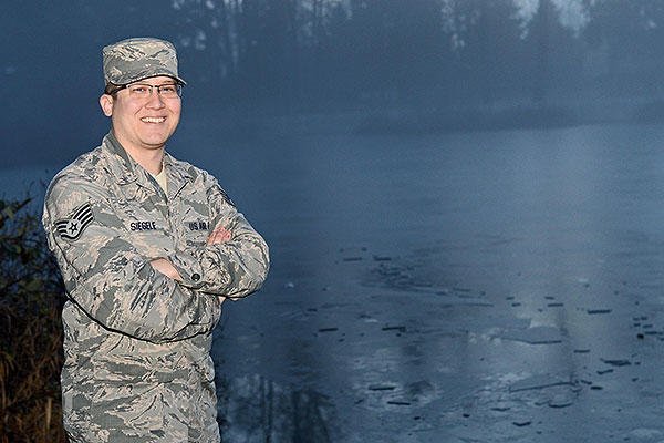 Staff Sgt. Matthew Siegele, the 627th Force Support Squadron sports and fitness NCO in charge, saved a little girl from drowning on Jan. 1, 2016, when she was walking on a frozen lake. (U.S. Air Force/Senior Airman Divine Cox)