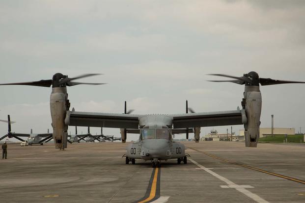 MV-22 Ospreys with Marine Medium Tiltrotor Squadron 265, 31st Marine Expeditionary Unit, await the green light for takeoff April 17, 2016 on Marine Corps Air Station Futenma, Japan. (Marine Corps/Cpl. Jessica Collins)