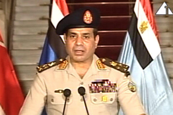 This image made from video shows Lt. Gen. Abdel-Fattah el-Sissi addressing the nation on Egyptian State Television Wednesday, July 3, 2013.