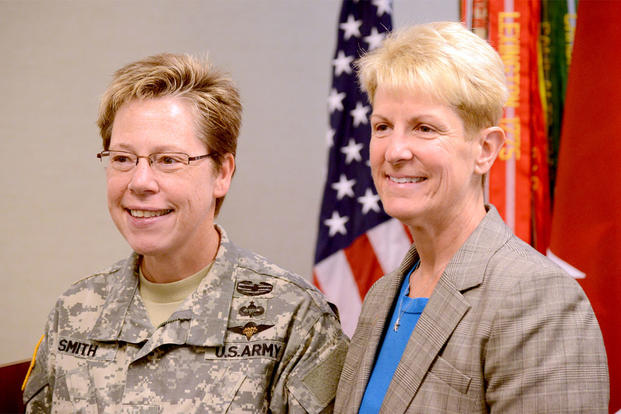 Army Reserve Deputy Chief of Staff Brig. Gen. Tammy Smith and her wife, Tracey Hepner. Smith asked Hepner to come to stand with her at the LGBT Pride event to announce the Supreme Court’s decision making same-sex marriage the law of the land.