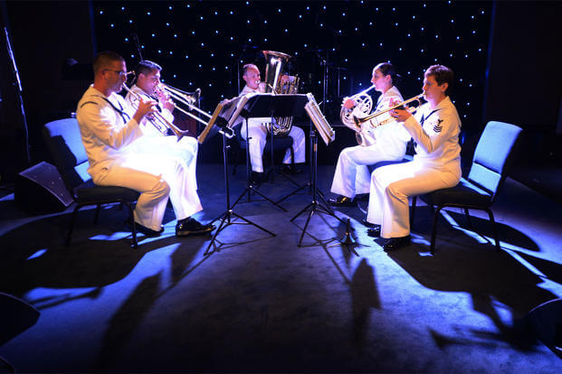 The U.S. Fleet Forces Band brass quintet plays patriotic music at Chattanooga Sings for Hope, a concert for families of the fallen Marines and Sailor in Chattanooga, Tenn. (U.S. Navy photo by Mass Communication Specialist 1st Class Leona Mynes/Released)
