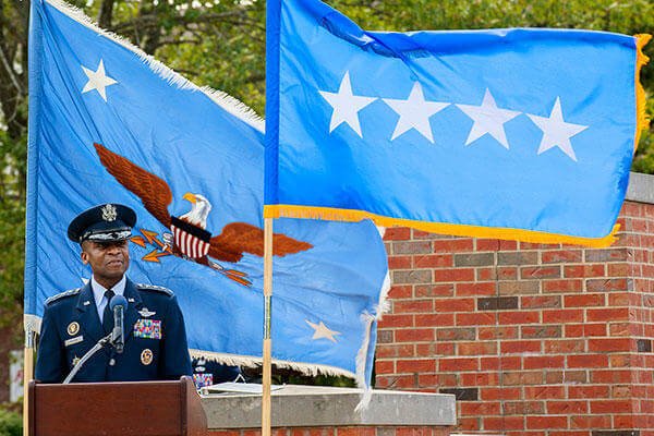 Air Force Gen. Darren W. McDew addresses the audience and troops during the U.S. Transportation Command assumption of command ceremony at Scott Air Force Base, Illinois, Aug. 26, 2015. (U.S. Air Force/Senior Airman Tristin English)