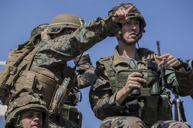 U.S. Marines with 2nd Air Naval Gunfire Liaison Company and Dutch Marines with 25 Reconnaissance Surveillance oversee a joint tactical air control operation at Camp Lejeune, March 25, 2016. (Photo: Lance Cpl. Erick Galera)