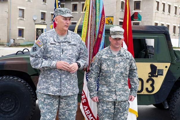 U.S. Army Chief of Staff Gen. Raymond T. Odierno gives his remarks about U.S. Army Maj. Jeremy Wilson during his promotion ceremony to the rank of lieutenant colonel in Hohenfels, Germany. (U.S. Army photo by Staff Sgt. Teddy Wade)