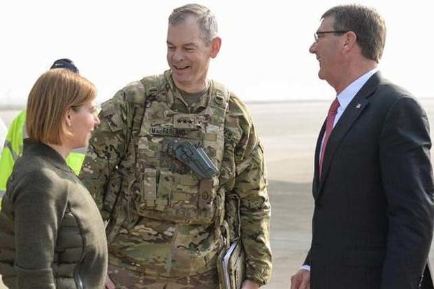 U.S. Army Lt. Gen. Sean MacFarland greets U.S. Defense Secretary Ash Carter and his wife, Stephanie, during a recent trip to Baghdad. (DoD photo by Army Sgt. 1st Class Clydell Kinchen)