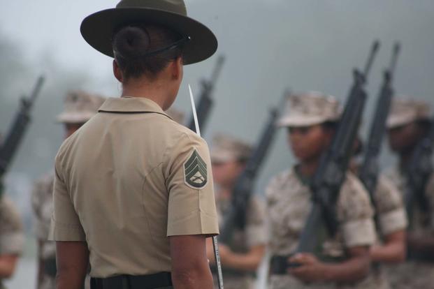 A U.S. Marine Staff drills recruits, Aug. 29, 2011, Marine Corps Recruit Depot Parris Island. (Marine Corps/Lance Cpl. Aneshea Yee)