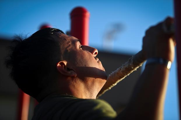 A corporal conducts pullups during company physical training  at Marine Corps Base Hawaii, Nov. 16, 2016. (Marine Corps photo/Aaron S. Patterson)