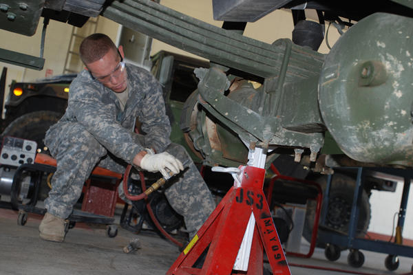 Army mechanic jacking vehicle.