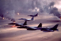 U.S. Air Force warplanes fly over burning oil fields in Kuwait during Operation Desert Storm in 1991. (US Air Force photo)