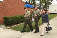 Gunnery Sgt. Joseph Felix enters a military courthouse Nov. 8, 2017, at Camp Lejeune, N.C. (Hope Hodge Seck/Military.com)