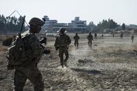 U.S. Army soldiers assigned to the 10th Mountain Division walk on a dismounted patrol outside Camp Fenty, Afghanistan, on Feb. 20, 2016. (U.S. Air Force photo by Staff Sgt. Corey Hook)