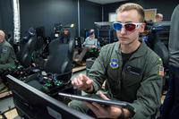 U.S. Air Force 2nd Lt. Seth Murphy takes a 3D vision test prior to virtual reality flying training at Austin-Bergstrom International Airport in Austin, Texas, Feb. 5, 2019. (Sean M. Worrell/U.S. Air Force)