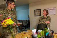 Sgt. Andrew McNeil (left), a public affairs mass communication noncommissioned officer, discusses his housing concerns and conditions with Maj. Tabitha Hernandez, commander, 22nd Mobile Public Affairs Detachment, Headquarters and Headquarters Battalion, XVIII Airborne Corps, during the unit’s command housing visits at Fort Bragg, N.C., on April 5, 2019. Bragg came in last on a survey of Army housing, with an overall rating of 58.9, or &quot;very poor.&quot; (U.S. Army photo by Sgt. Gregory T. Summers)