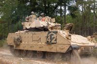 M2A2 Bradley Fighting Vehicle assigned to Bravo Troop, 6th Squadron, 8th Cavalry Regiment, 2nd Armored Brigade Combat Team, tactically conducts a route reconnaissance mission during Gila Focus at Fort Stewart, Georgia, Oct. 9. 2019. Bravo Troop supported the 9th Brigade Engineer Battalion and other Spartan units by carrying out Area, Zone, and Route Reconnaissance missions. (Christian Davis/U.S. Army)