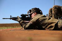 Cpl. Sabrena Norris, a Marine with U.S. Marine Corps Forces, Pacific, fires from the prone from the 500 yard line during the Pacific Division at Puuloa Range Training Facility Feb. 8, 2016. (U.S. Marine Corps photo/Sarah Anderson)