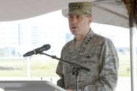 Then Air Force Sustainment Center Commander Lt. Gen. Lee K. Levy II addresses the crowd at the KC-46A Sustainment Campus groundbreaking ceremony July 26. (U.S. Air Force/Kelly White