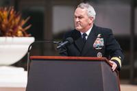 Special Operations Command South Commander Navy Rear Adm. Collin P. Green addresses ceremony attendees March 3, 2017 during SOCSOUTH’s Fallen Warrior Memorial dedication ceremony held at Homestead Air Reserve Base, Florida. (U.S. Army/Staff Sgt. Osvaldo Equite)