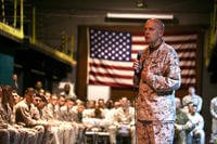Commandant of the Marine Corps Gen. David H. Berger speaks to Marines and sailors
